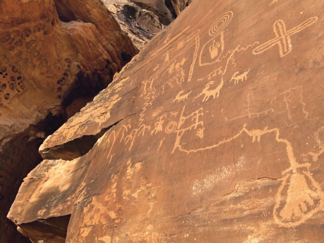 Atlatl Rock connects the past to the present with preserved Anasazi Native American petroglyphs in the Valley of Fire State Park, NV.